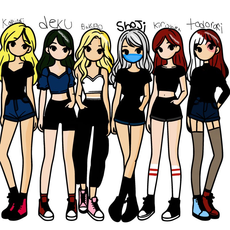 a group of girls wearing crop tops and shorts