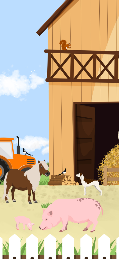 Cena em desenho animado de uma fazenda com um celeiro, trator, porco e pônei do aplicativo Mundo Animal