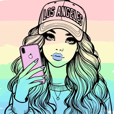 realistic beautiful girl wearing los ángeles cap holding an iphone