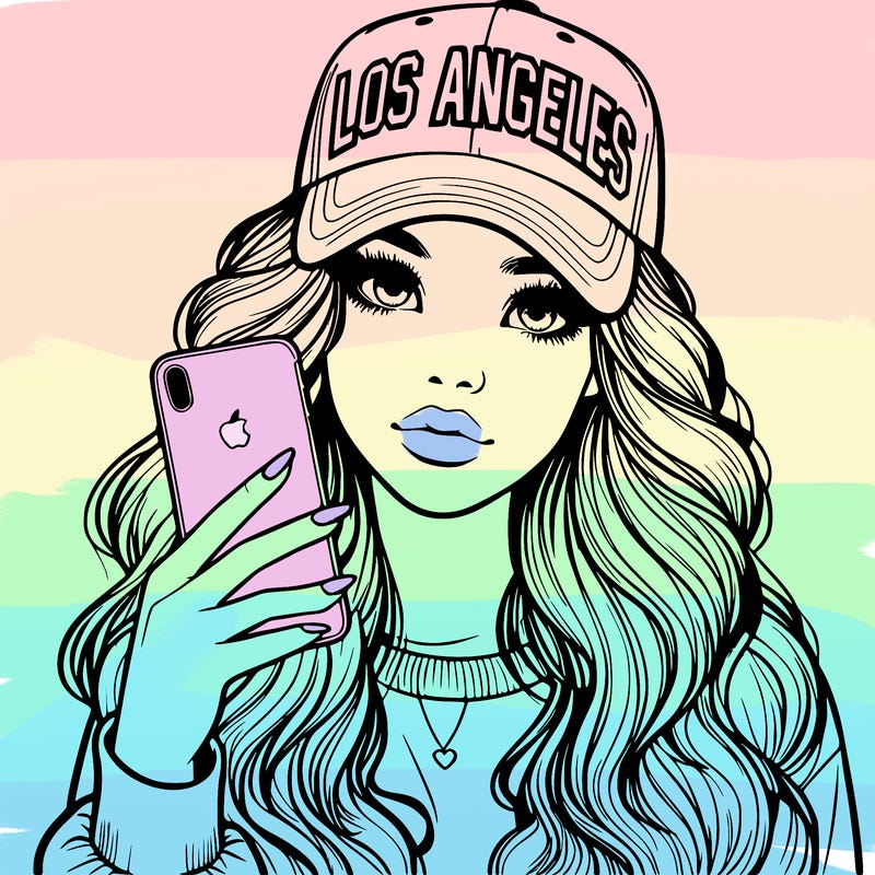 realistic beautiful girl wearing los ángeles cap holding an iphone
