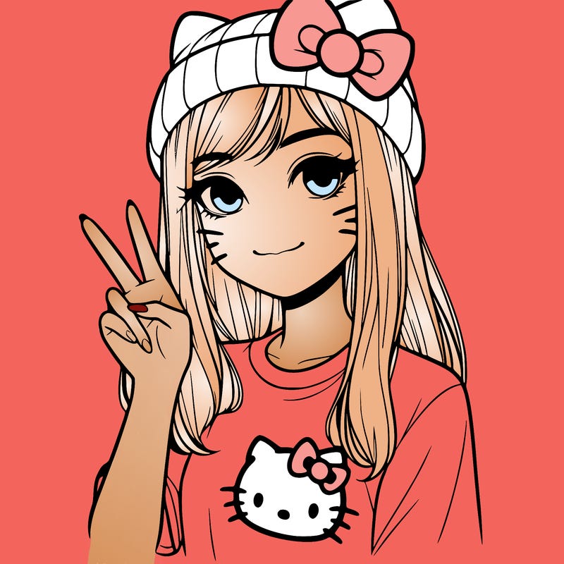 realistic woman with hello kitty, hat and shirt that’s doing the peace