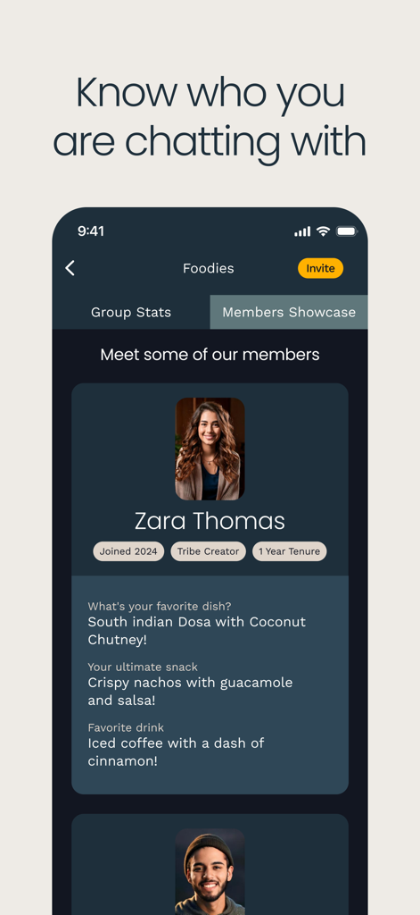 Tribe Chat - Find Your Tribe - Interfaz de Tribe Chat mostrando un perfil de miembro detallado con intereses personales en un chat grupal.