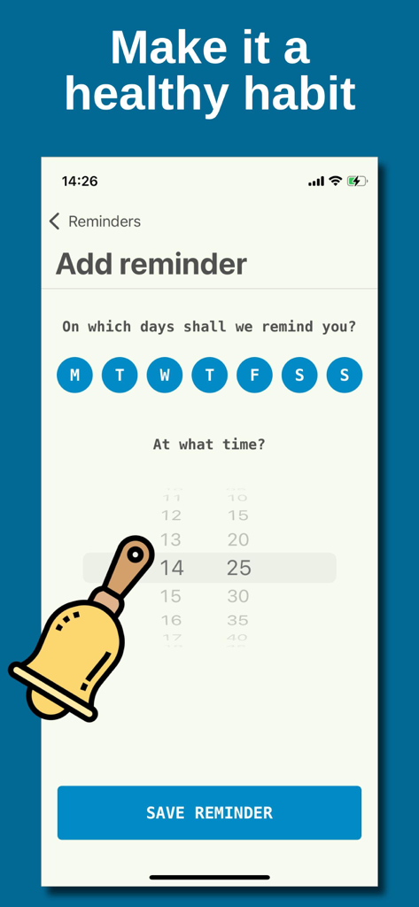My Daily Diary ‎ - La pantalla de configuración de recordatorios en la aplicación Mi Diario Personal que muestra opciones para seleccionar días y hora para escribir en el diario.