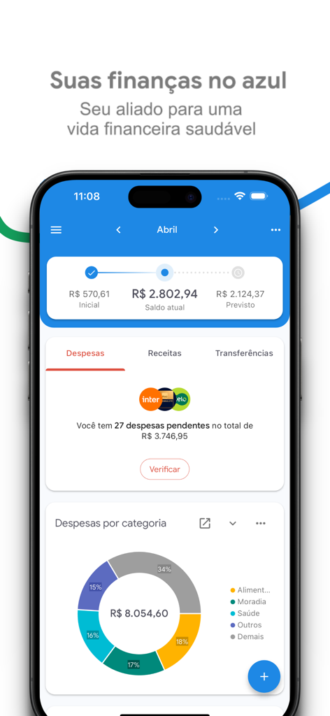 Panel de control de Minhas Financas Pessoais que muestra el saldo financiero y el gráfico de categorías de gastos