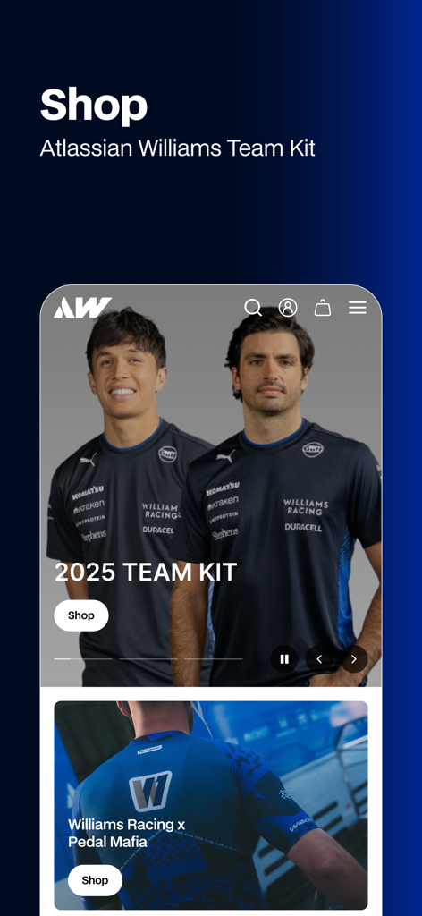 Williams F1 app shop interface showing the 2025 official team kit merchandise