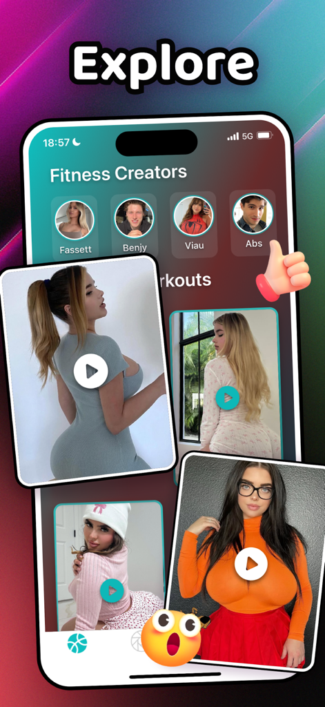 Indox app explore screen showing fitness creators and workout videos