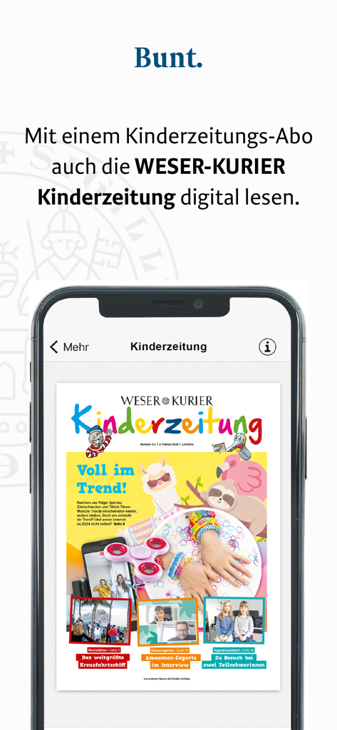 WESER-KURIER E-Paper - Écran de smartphone montrant l'édition numérique du journal pour enfants WESER-KURIER.