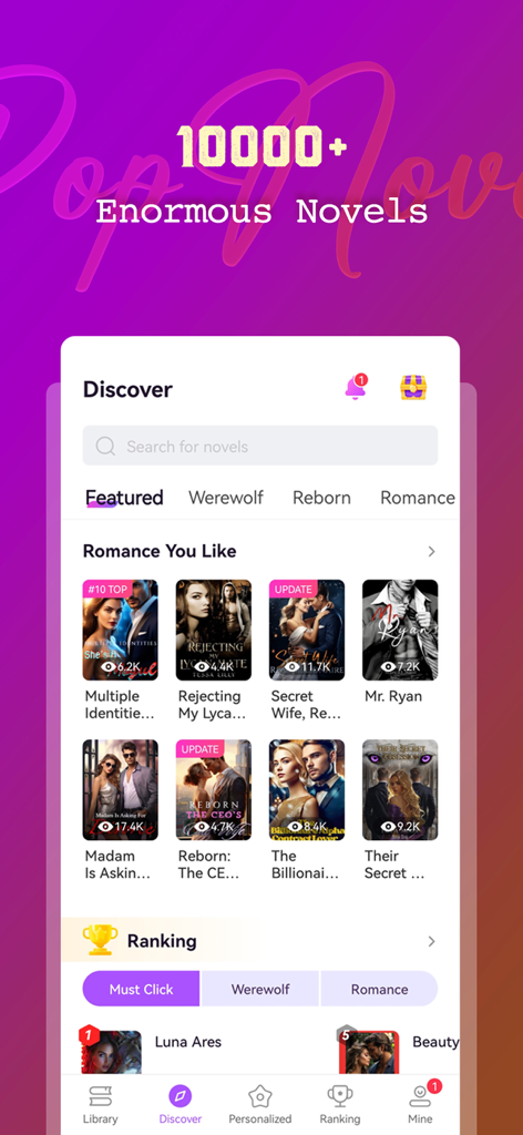 PopNovel - Tela de descoberta do aplicativo PopNovel mostrando várias webnovels de romance e lobisomens.
