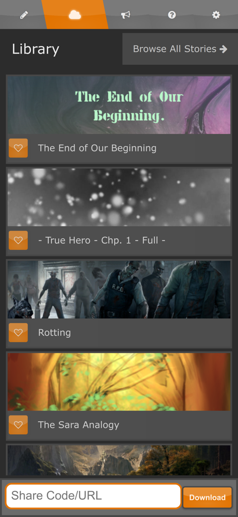 CYOA Factory - CYOA Factory app library view featuring multiple interactive story titles