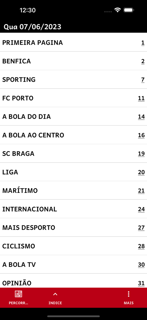 A BOLA – Edição Digital - Index of the A BOLA digital edition app showing news sections for various Portuguese sports teams.