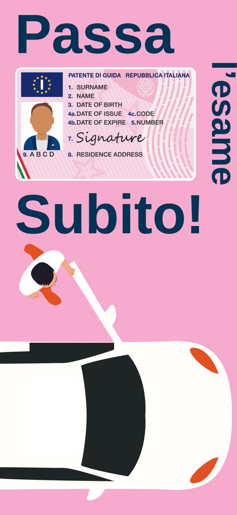 Quiz Patente B - Drivoo - Italian driving license exam preparation app banner featuring a license card and car illustration with the text Passa l'esame Subito