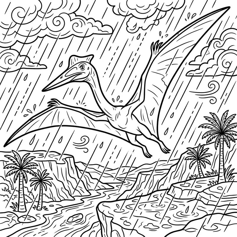 Experience the ancient world with our captivating Quetzalcoatlus flying through a dramatic rainy day. This intricate coloring page invites you to bring a prehistoric storm to life with your favorite hues.