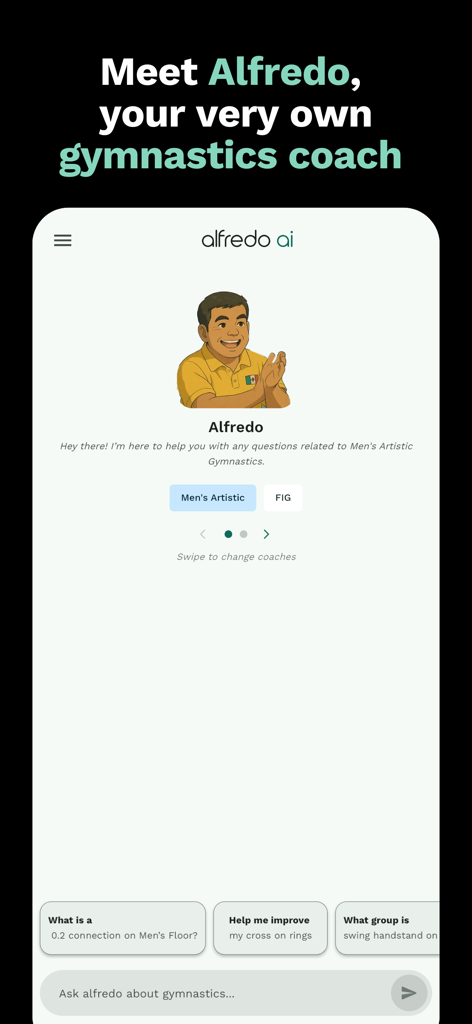 Gym Art - Gym Art app interface showing Alfredo AI, a virtual coach for Men's Artistic Gymnastics.