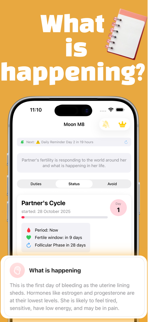 MoonM8 app screenshot showing partner menstrual cycle status and phase details