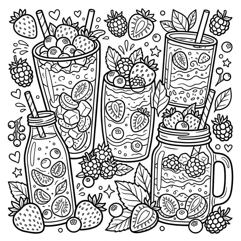 Quench your creative thirst with this delightful coloring page featuring a bountiful array of berry smoothies and juices. Filled with strawberries, blueberries, and raspberries, it's a refreshing art adventure waiting to happen.