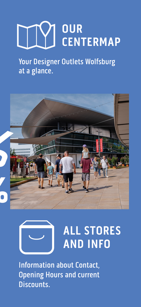 Designer Outlets Wolfsburg - Funktionen der App der Designer Outlets Wolfsburg, die eine Center-Karte und Geschäftsinformationen anzeigen
