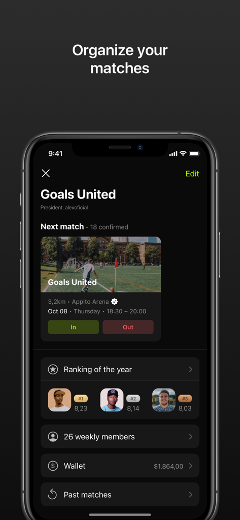 Appito app interface for organizing soccer matches and tracking player rankings.