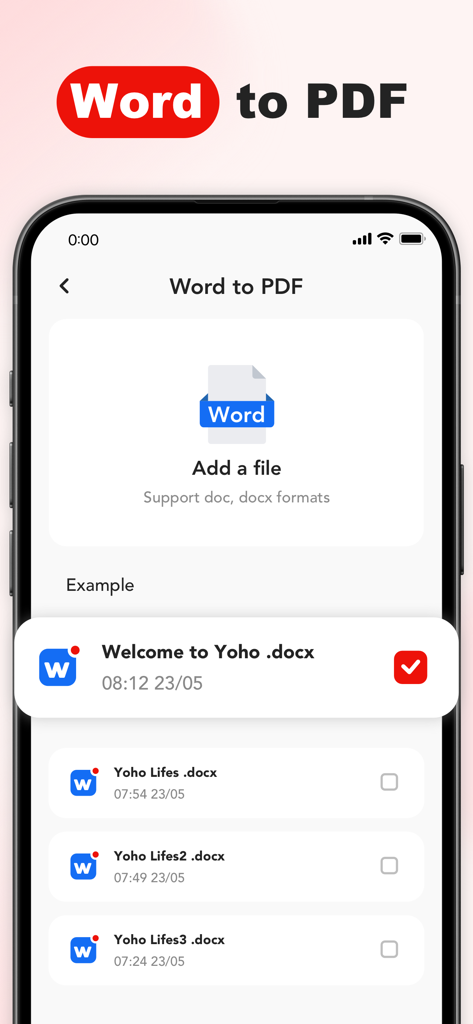 Interface do aplicativo móvel para converter documentos do Word em arquivos PDF