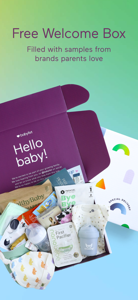 Babylist Hello Baby welcome box filled with baby product samples from popular brands