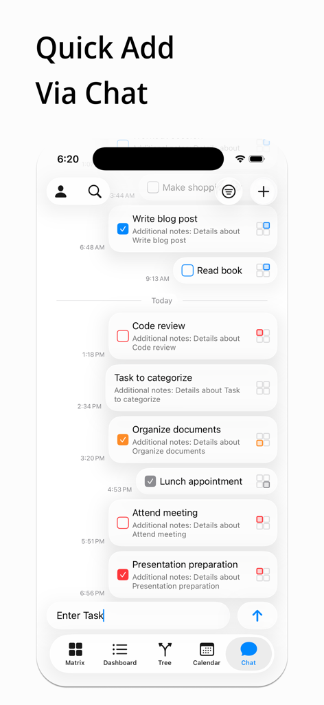 チャット機能を使用してタスクをすばやく追加する方法を示すアイゼンハワー・マトリクスアプリのインターフェース