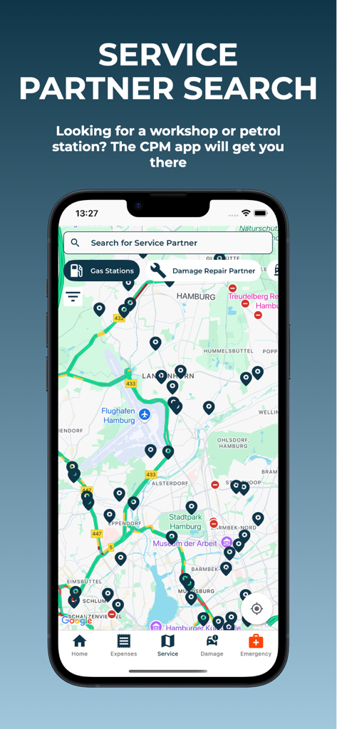 CPM-App - CPM-App Kartenoberfläche zur Suche nach Werkstätten und Tankstellen.