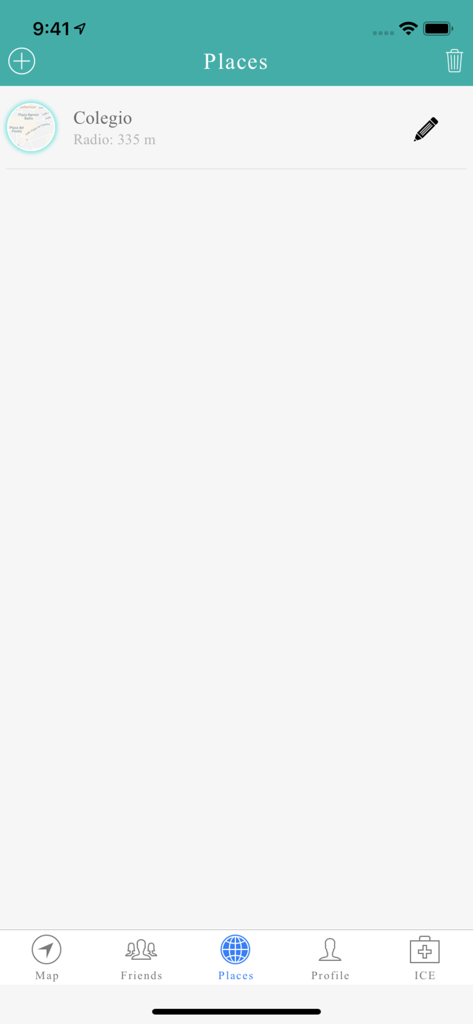 Find Friends - Localizame - Lista de lugares guardados en la aplicación Find Friends que muestra la ubicación de una escuela con un radio de distancia