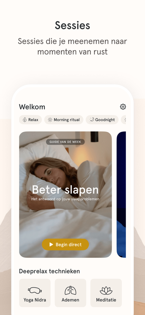 House of Deeprelax – Meditatie - House of Deeprelax app interface showing better sleep sessions and relaxation techniques like Yoga Nidra and breathing.