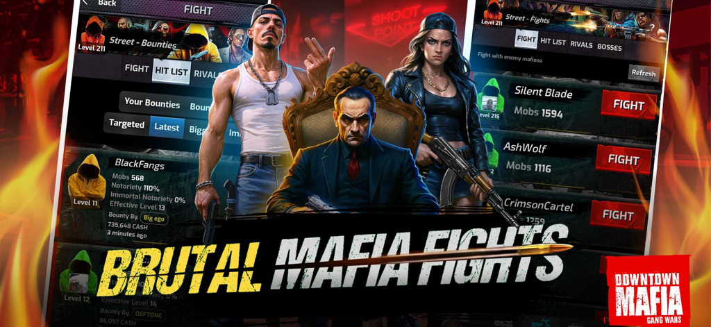 Downtown Mafia: Gang Wars RPG - Downtown Mafia Gang Wars RPG brutal fights gameplay screen showing characters and hit list