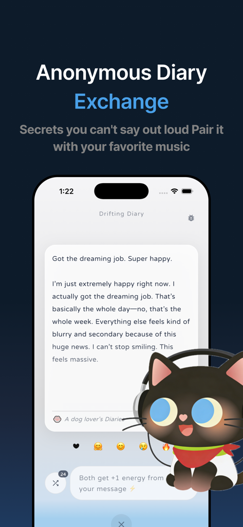WUZU - WUZU app interface showing the Anonymous Diary Exchange feature with a cozy cat companion and a user journal entry.