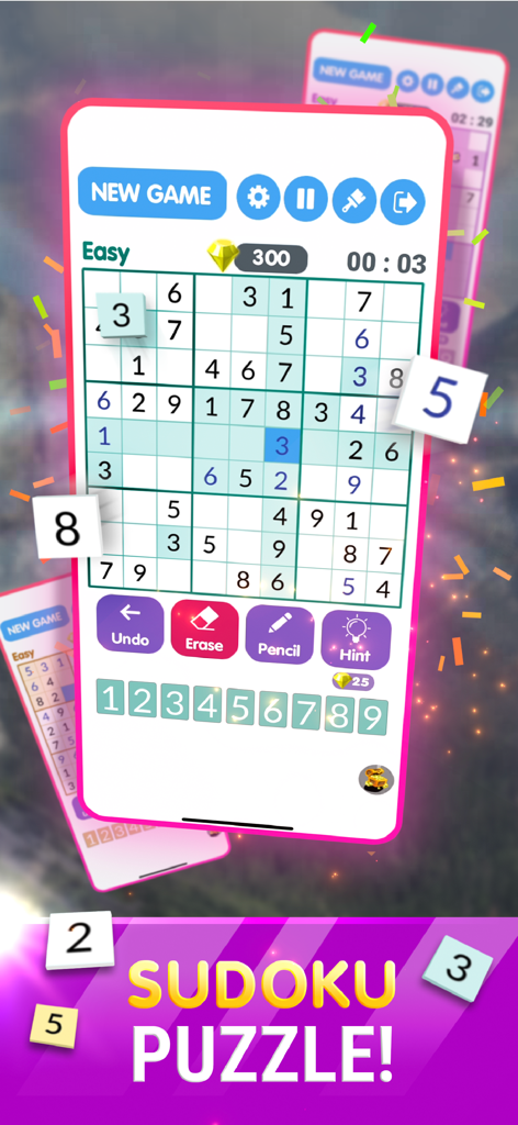 Mobile screen showing a Sudoku puzzle interface with a numbered grid and gameplay control buttons