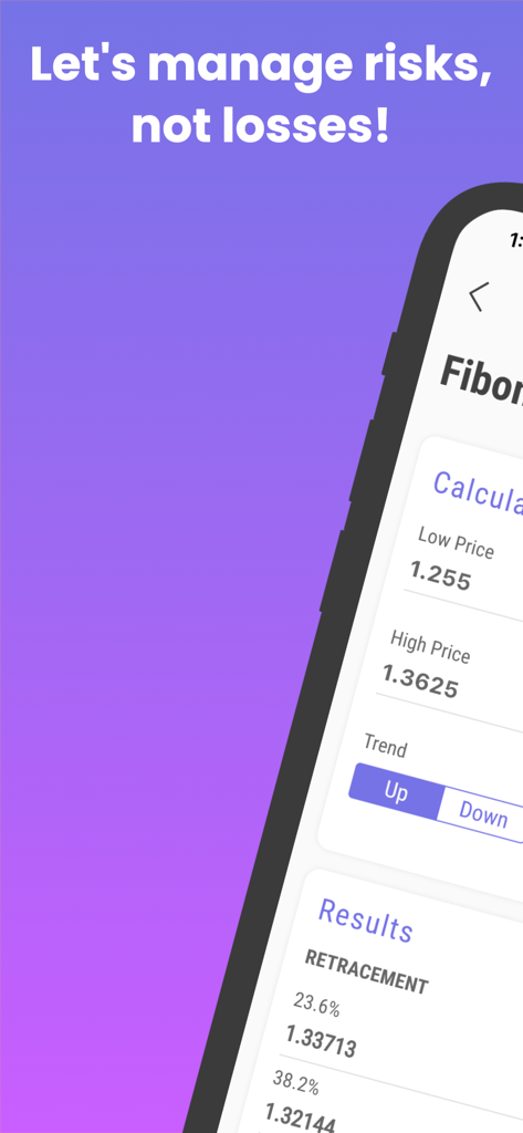 Fibonacci-Levels-Rechner-Bildschirm in der FX Calculators-App, der Retracement-Werte anzeigt.