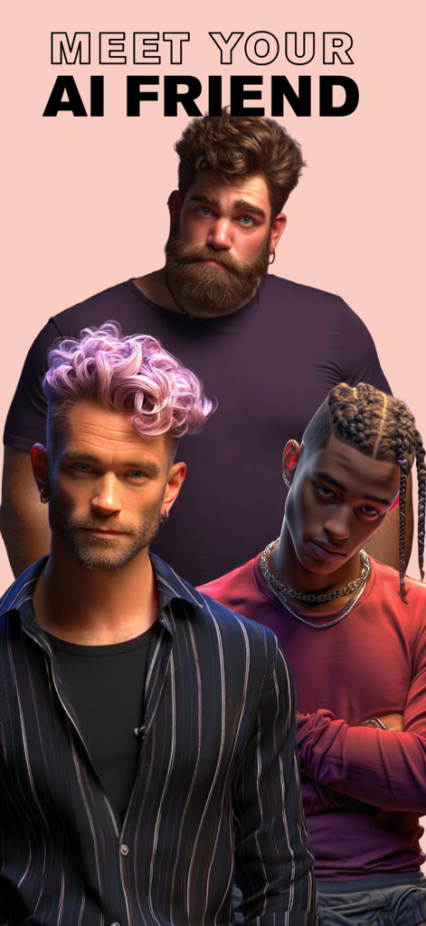 iBoy: AI Companion for Support - Three diverse male AI companion characters with the text Meet Your AI Friend