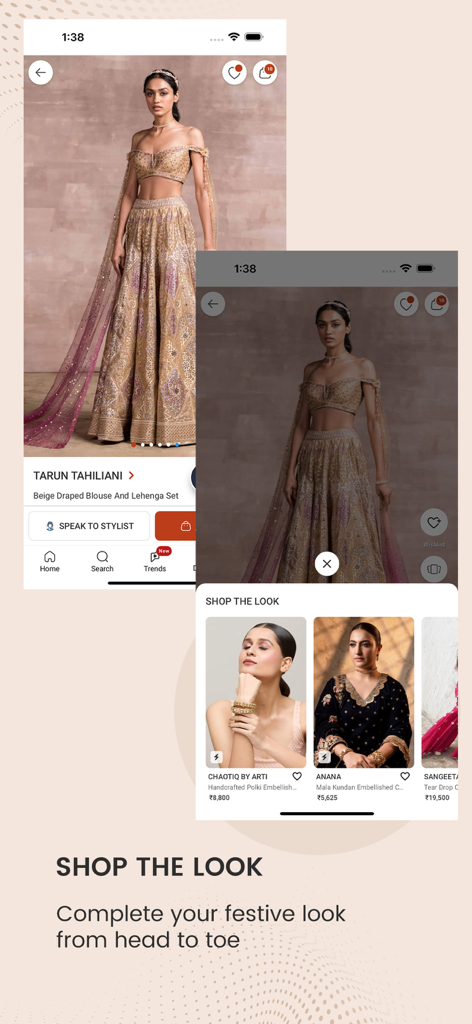 Aza Fashions Designer Clothing - Aza Fashions app interface showing the shop the look feature for luxury Indian designer outfits and jewelry.