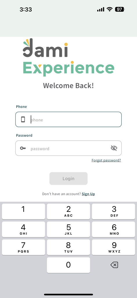 Dami Experience - Ecrã de login da aplicação Dami Experience mostrando campos de número de telefone e palavra-passe com uma mensagem de boas-vindas de regresso