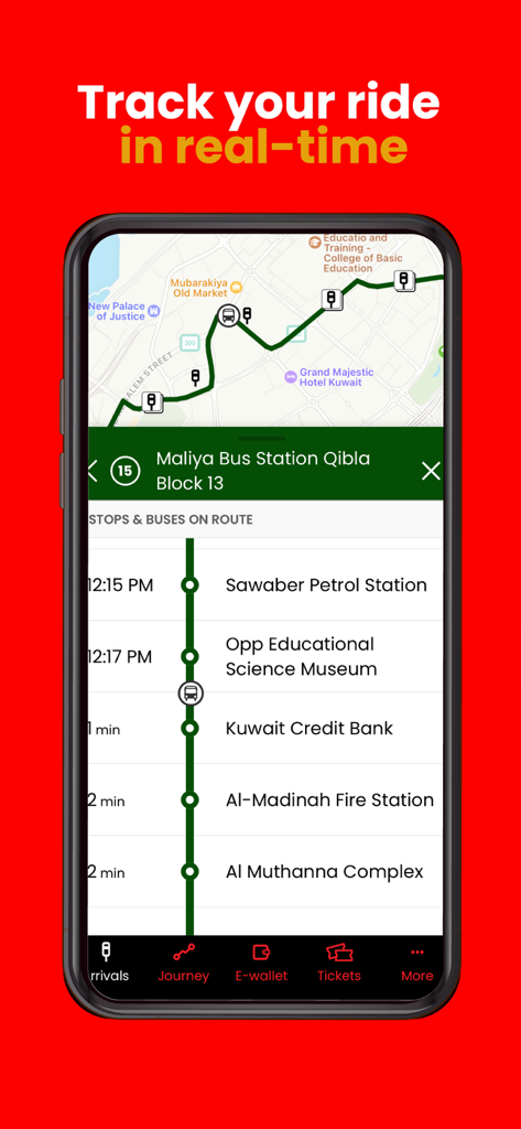 Citybuskw mobile app screen showing a bus route map and real time arrival times for stops in Kuwait