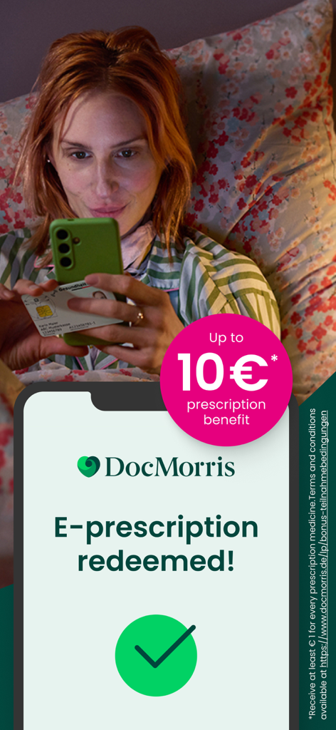 A woman scanning her health insurance card with the DocMorris pharmacy app to redeem an e-prescription.