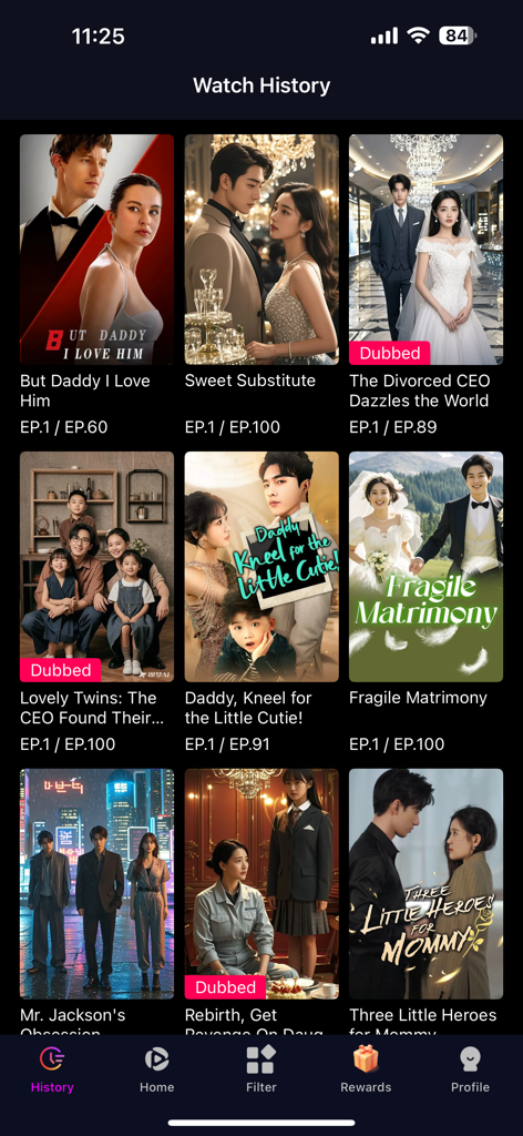 Pantalla de historial de visualización de la aplicación YuzuDrama que muestra una cuadrícula de pósteres de dramas cortos populares que incluyen géneros de romance y suspense.