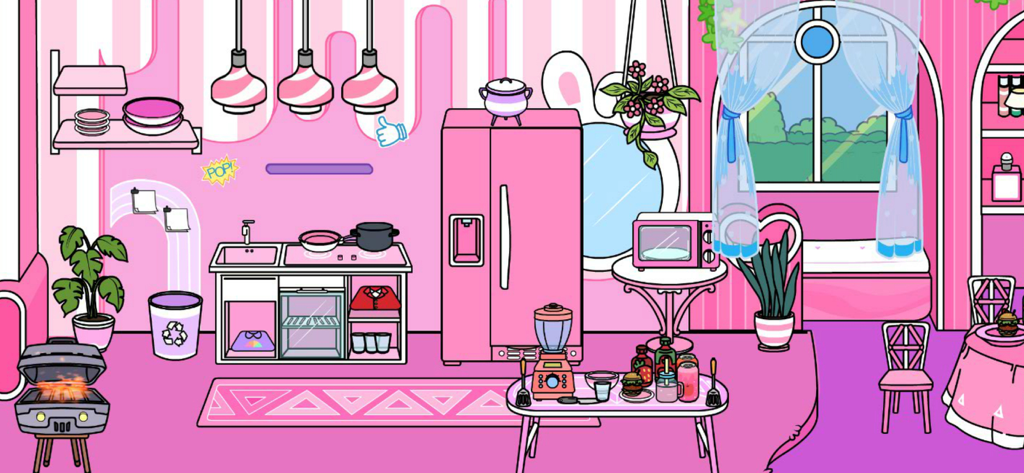 Pink Home Design - Girl Games - A vibrant pink digital dollhouse kitchen with a pink refrigerator, microwave, and cooking accessories.