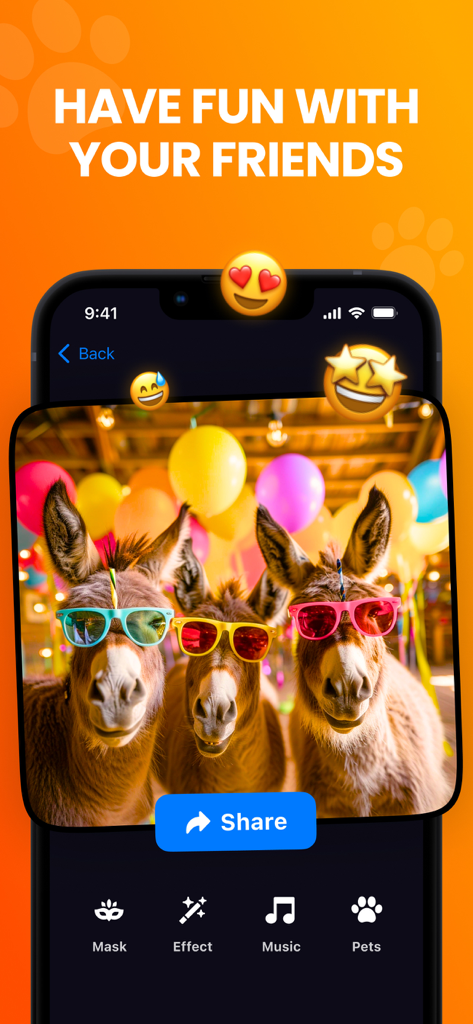 Talking Pet AI: Cat & Dog Talk - Três burros com óculos de sol e balões na tela de compartilhamento do Talking Pet AI