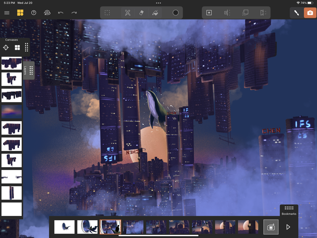Mental Canvas Draw - Mental Canvas Draw app interface showing a spatial drawing of a surreal upside-down city with a whale