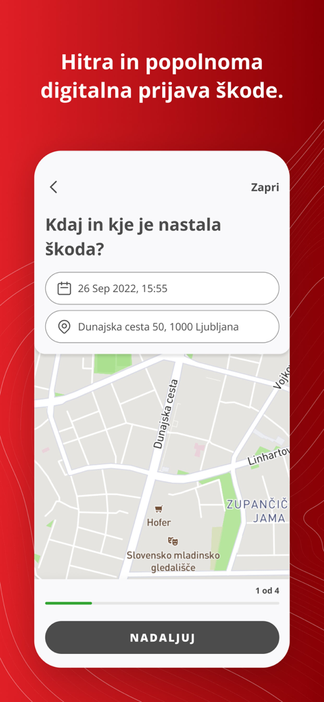 i.triglav - Digital insurance claim reporting screen on the i.triglav app showing location and map integration