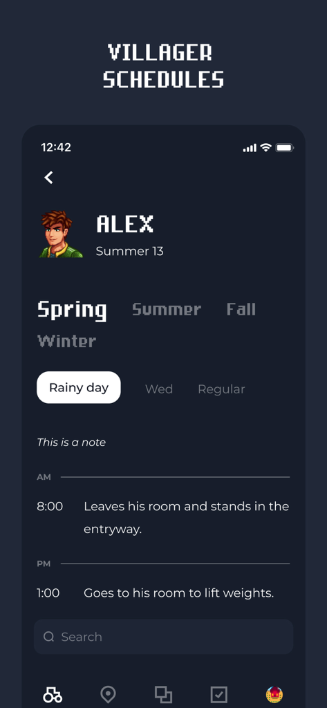 SV Guide - Schermata che mostra l'orario giornaliero del personaggio Alex nell'app SV Guide