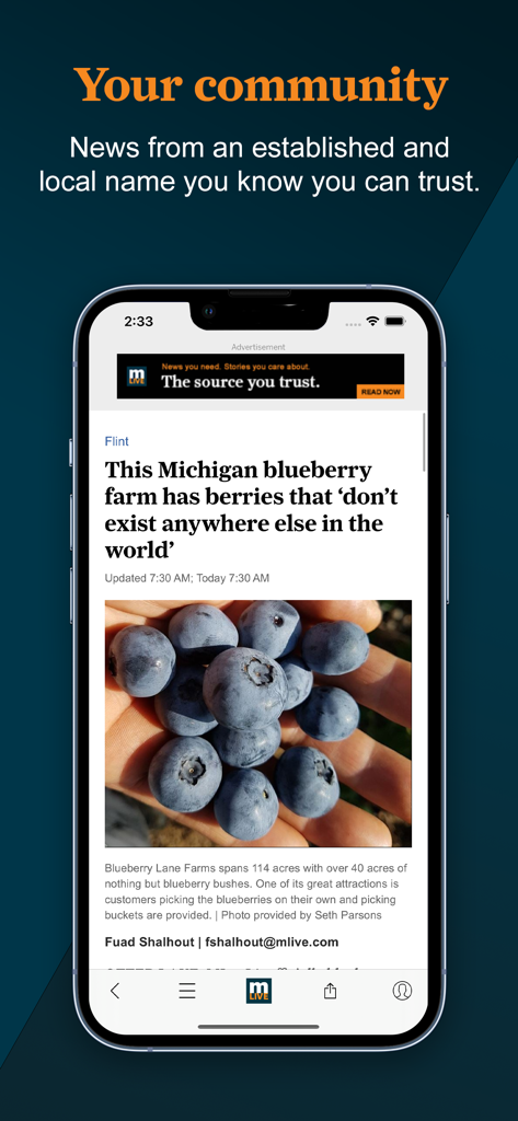 MLive.com - Smartphone screen showing a local Michigan news article about a blueberry farm on the MLive app