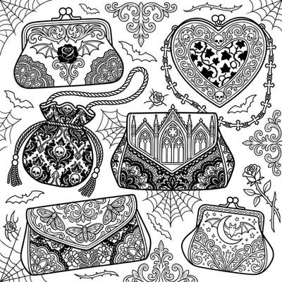 Step into a world of dark sophistication with our Gothic Evening Bags coloring page, perfect for those who adore ornate designs and mysterious aesthetics. Unleash your creativity by adding vibrant colors to intricate patterns, elegant Victorian lace, and mystical elements.