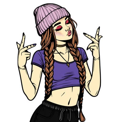 realistic teenage girl with braids and a beanie and crop top doing 🫶🏼