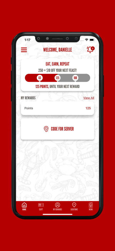 The Boiling Crab Rewards - The Boiling Crab Rewards app home screen showing a user's loyalty points progress and reward status.