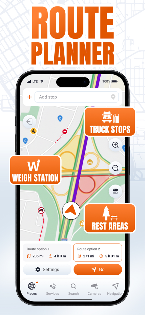 Trucker Guide: Truck GPS Maps - Trucker Guide App-Oberfläche mit einem LKW-spezifischen Routenplaner und Kartenmarkierungen für Wiegebrücken, LKW-Haltestellen und Raststätten.
