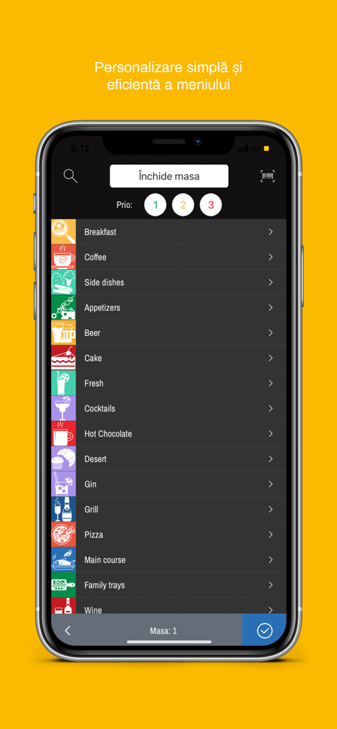Ebriza POS - Ebriza POS mobile application displaying restaurant menu categories and order management on an iPhone.