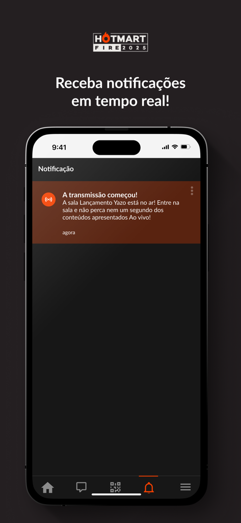 Hotmart FIRE 2025 - Real-time event notification on the Hotmart FIRE 2025 mobile app interface
