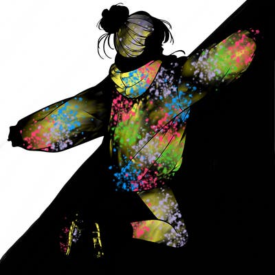 realistic girl jumping with a bun and oversized sweatshirt